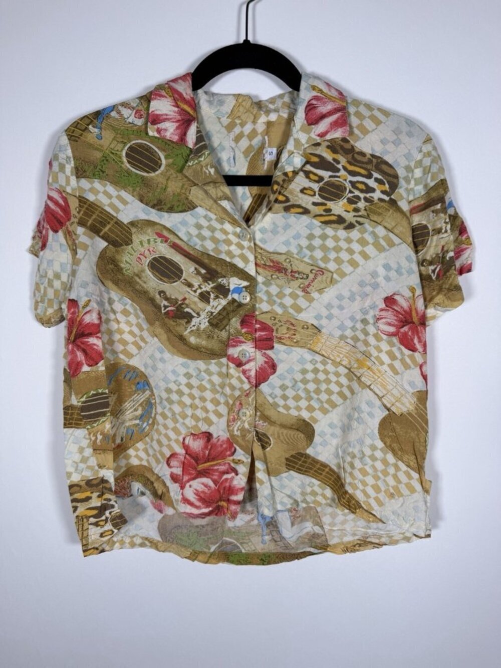 Vintage 90s Jams World hawaiian Hibiscus ukelele flowy camp shirt S retro